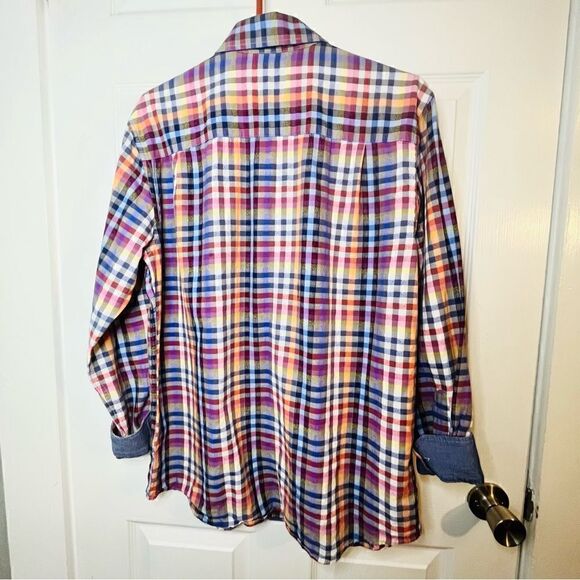 Southern Pines Plaid Button Up Shirt Chambray Trim Blue Pink M - Picture 6 of 8